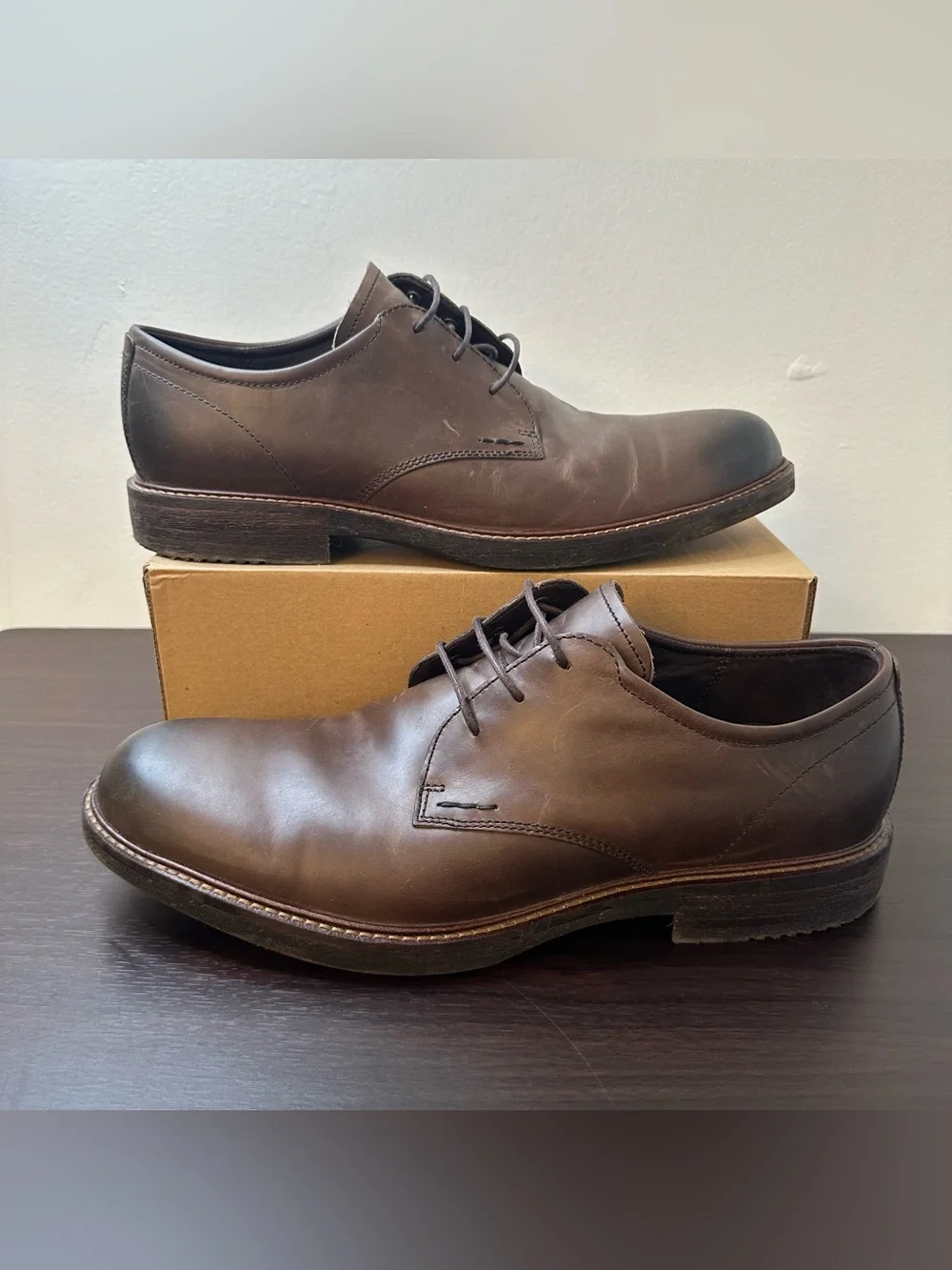 ECCO Kenton Vintage Brown Leather Plain Toe Lace-up Derby Oxford Men's Shoes 11